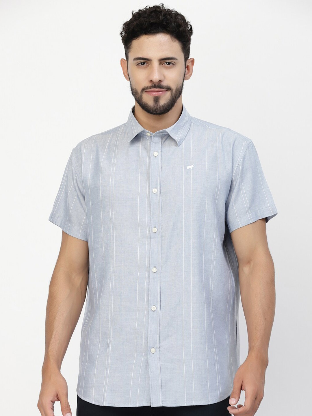 

BRACLO Striped Half Sleeve Cotton Semiformal Shirt, Grey