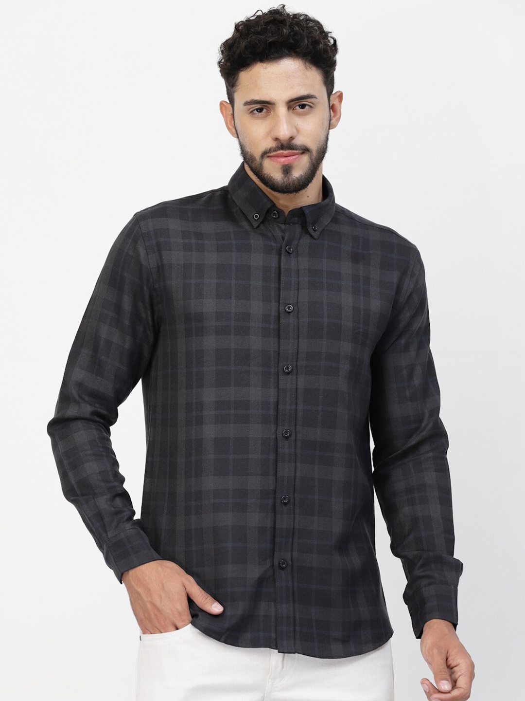 

BRACLO Tartan Checked Cotton Casual Shirt, Navy blue