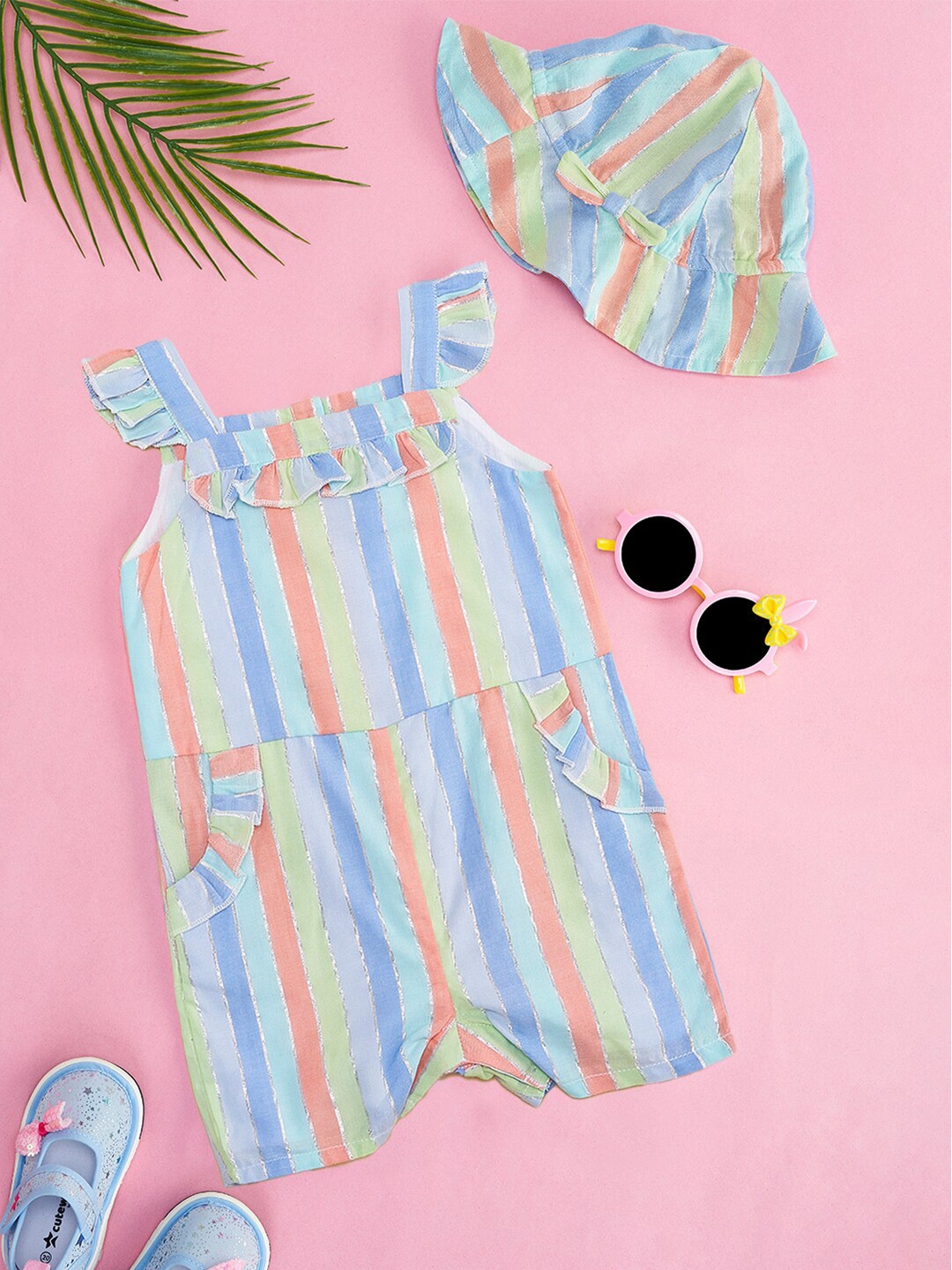 

Pantaloons Baby Girls Striped Cotton Jumpsuit With Hat, Blue