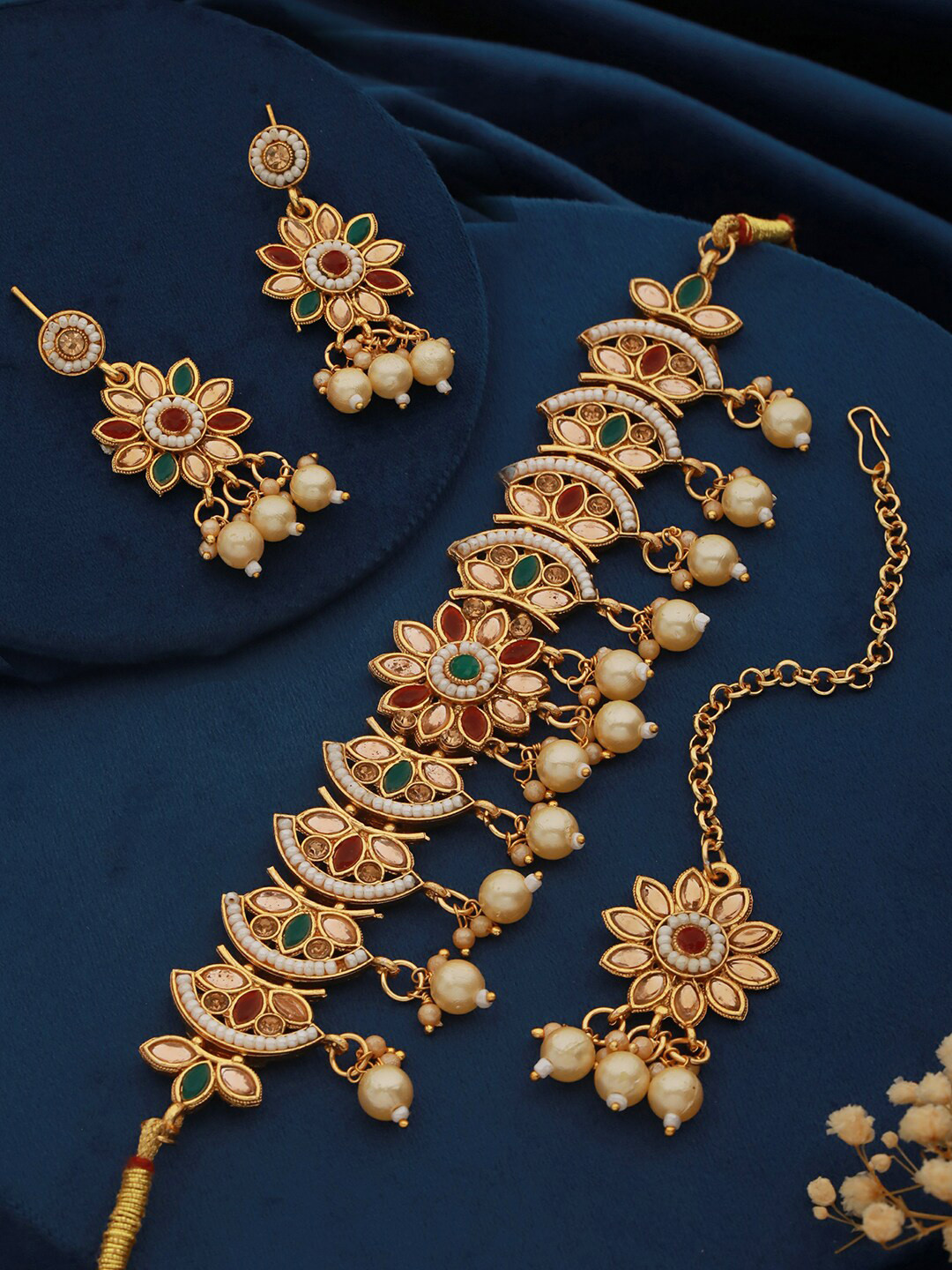 

Aadvik Designs Gold-Plated CZ Studded & Pearl Beaded Jewellery Set