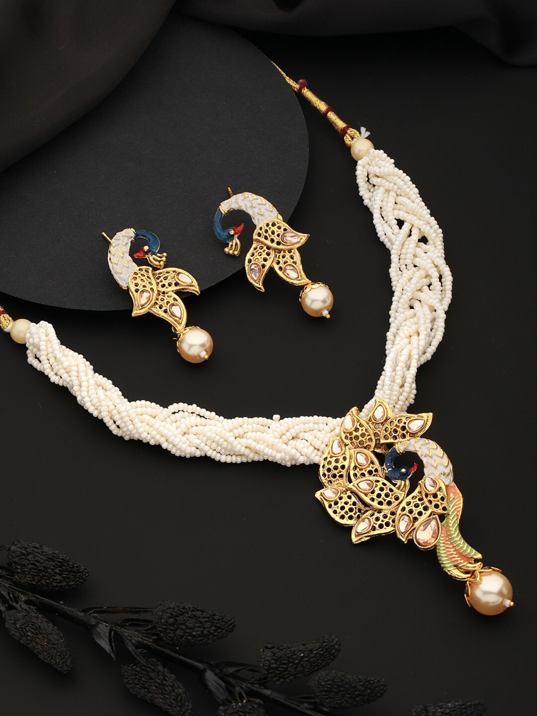 

Aadvik Designs Gold-Plated & Pearl Beaded Peacock Jewellery Set