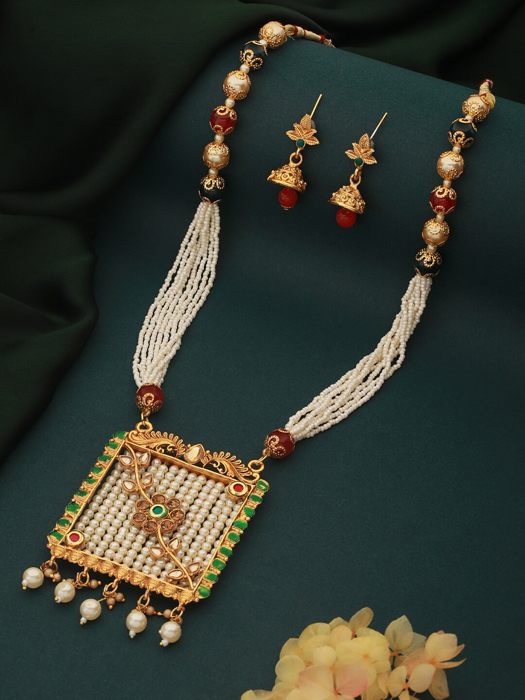 

Aadvik Designs Gold-Plated CZ Studded & Pearl Beaded Jewellery Set