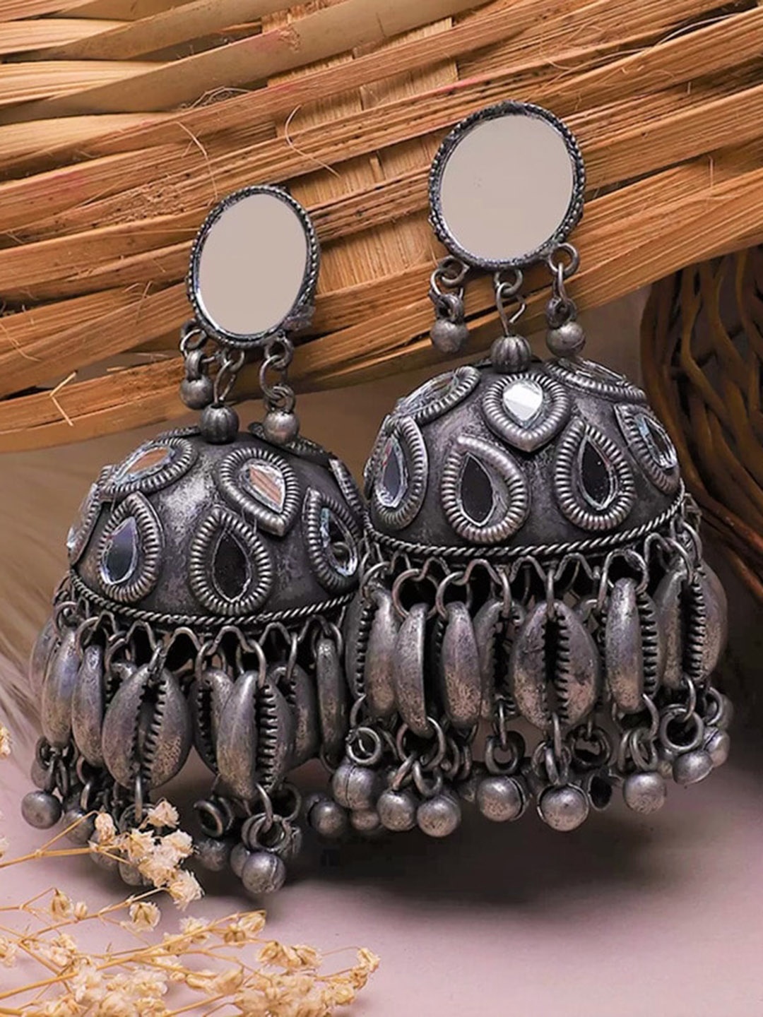 

ATIBELLE Silver-Plated Dome Shaped Mirror Detailing Afghani Jhumkas