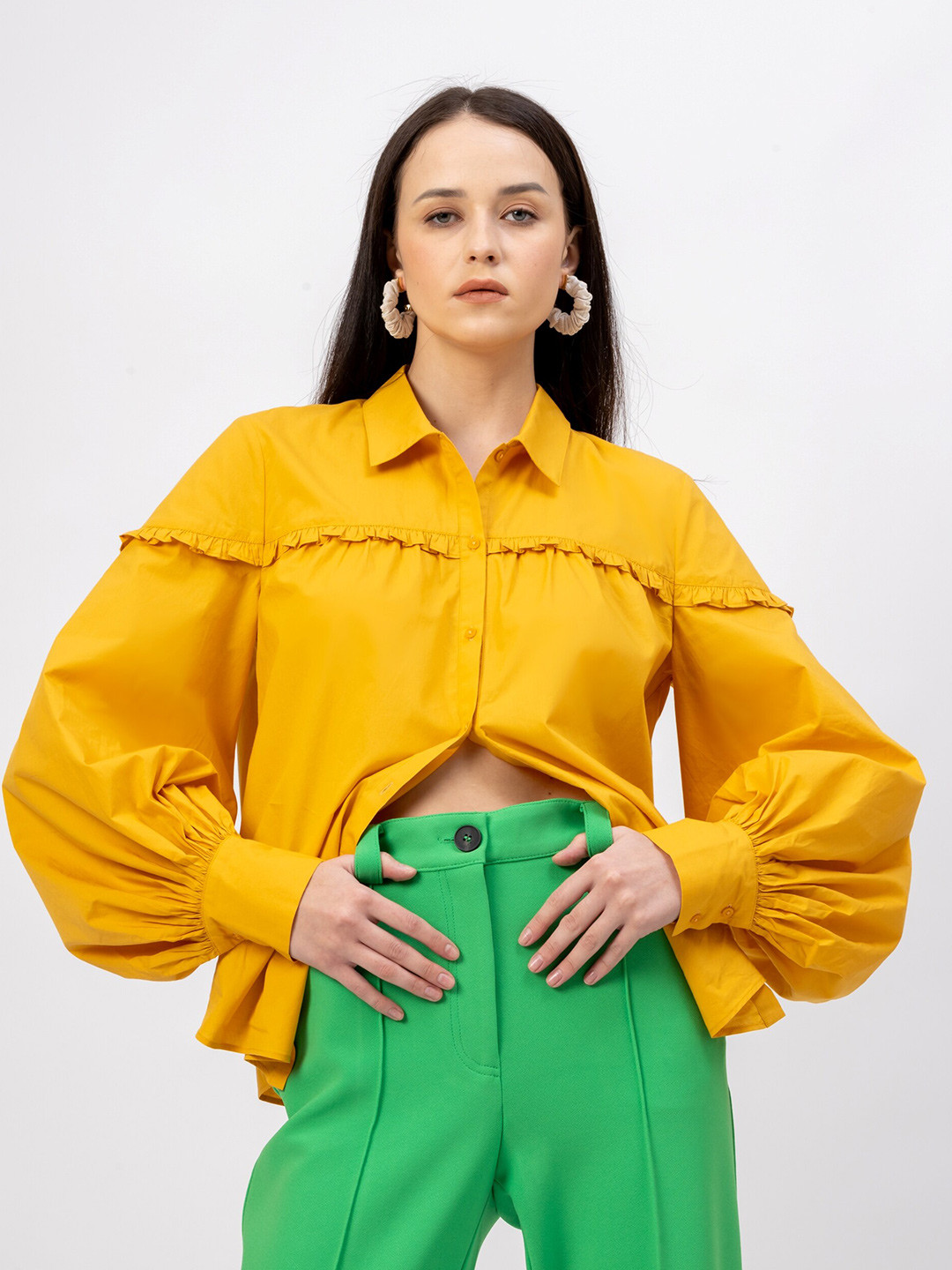 

H&M Volume Sleeve Ruffle Shirt, Yellow