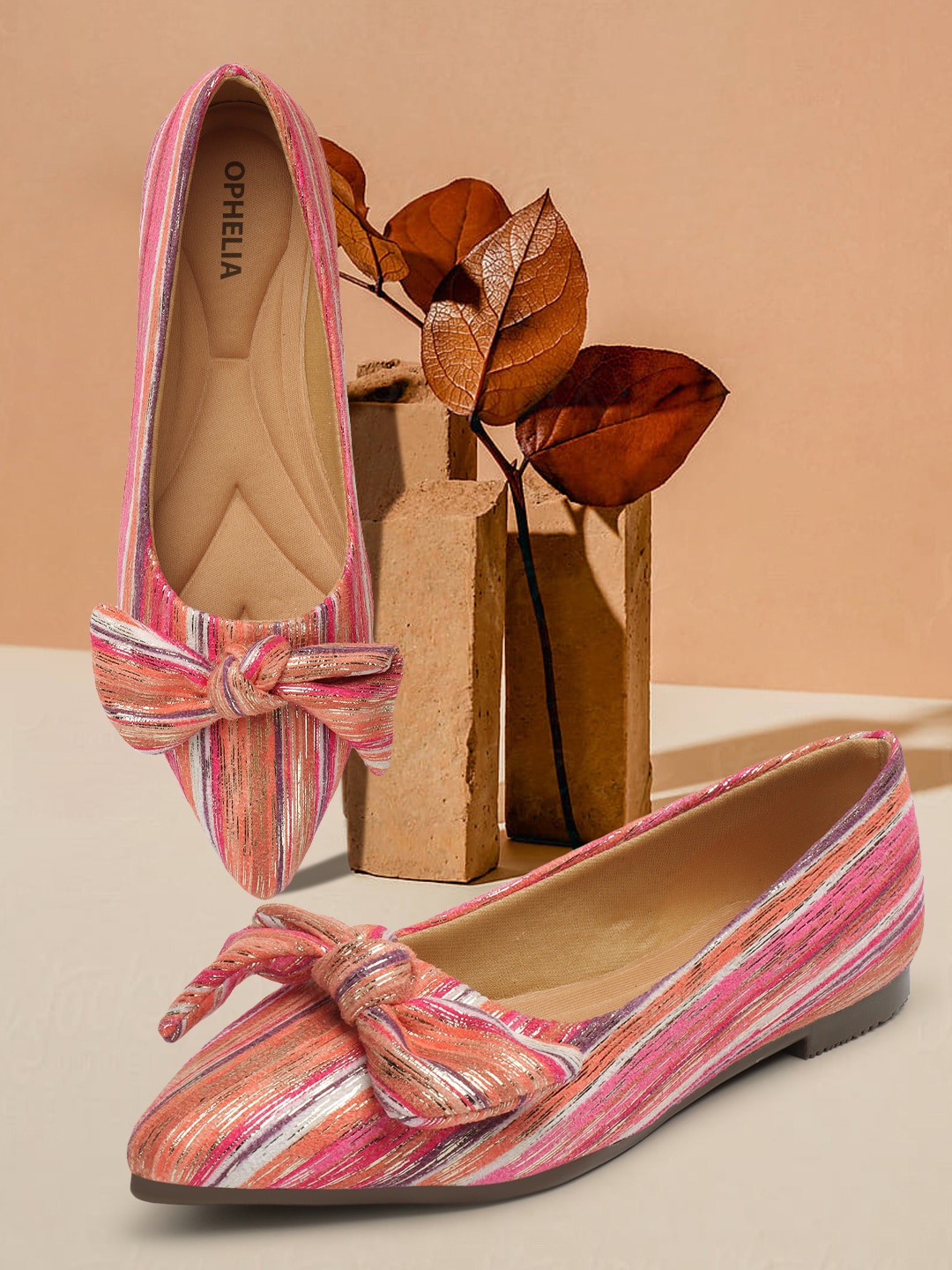 

OPHELIA Pointed Toe Printed Fabric Ballerinas With Bows, Red