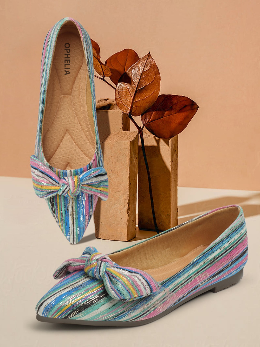 

OPHELIA Pointed Toe Printed Fabric Ballerinas With Bows, Blue