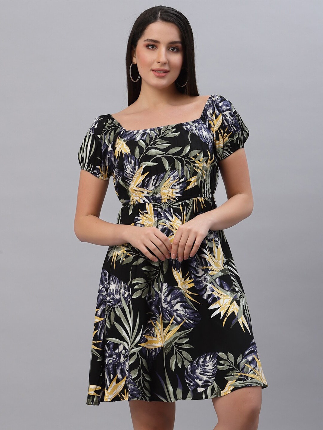 

BAESD Tropical Printed Square Neck Puff Sleeve Fit & Flare Dress, Black