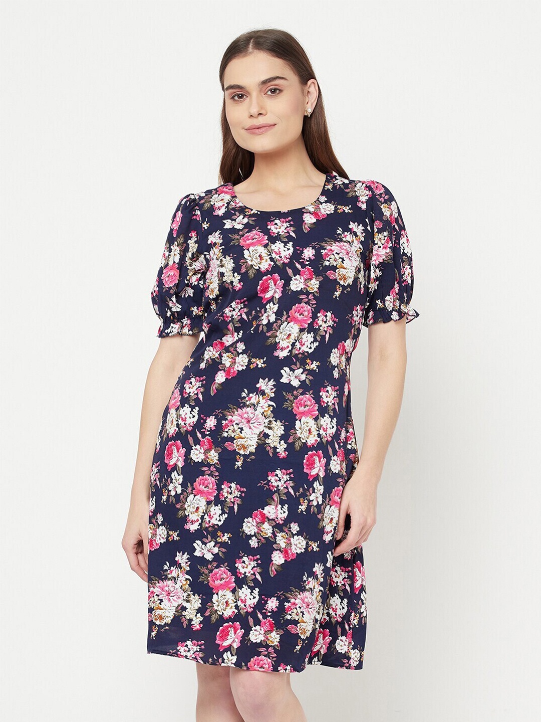 

BAESD Floral Printed Round Neck Puff Sleeves A-Line Dress, Navy blue