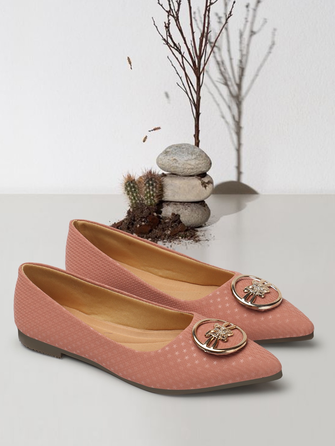 

OPHELIA Printed Embellished Ballerinas, Peach