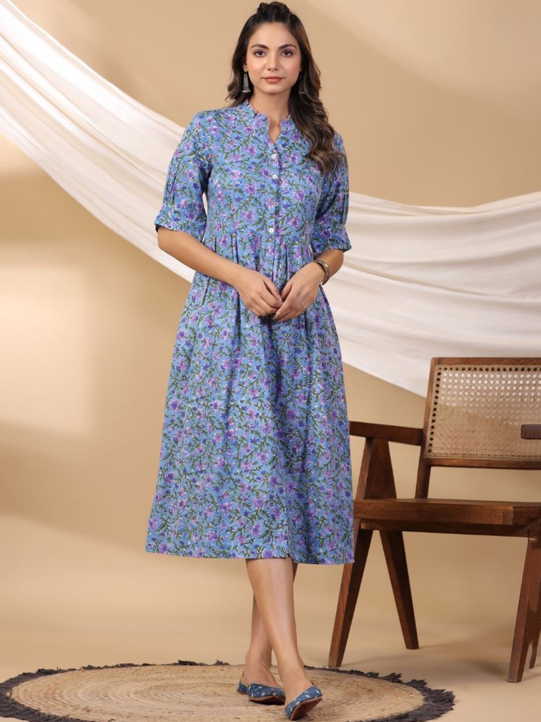 

Shuddhi Floral Printed Midi-Length Cotton A-Line Ethnic Dress, Blue