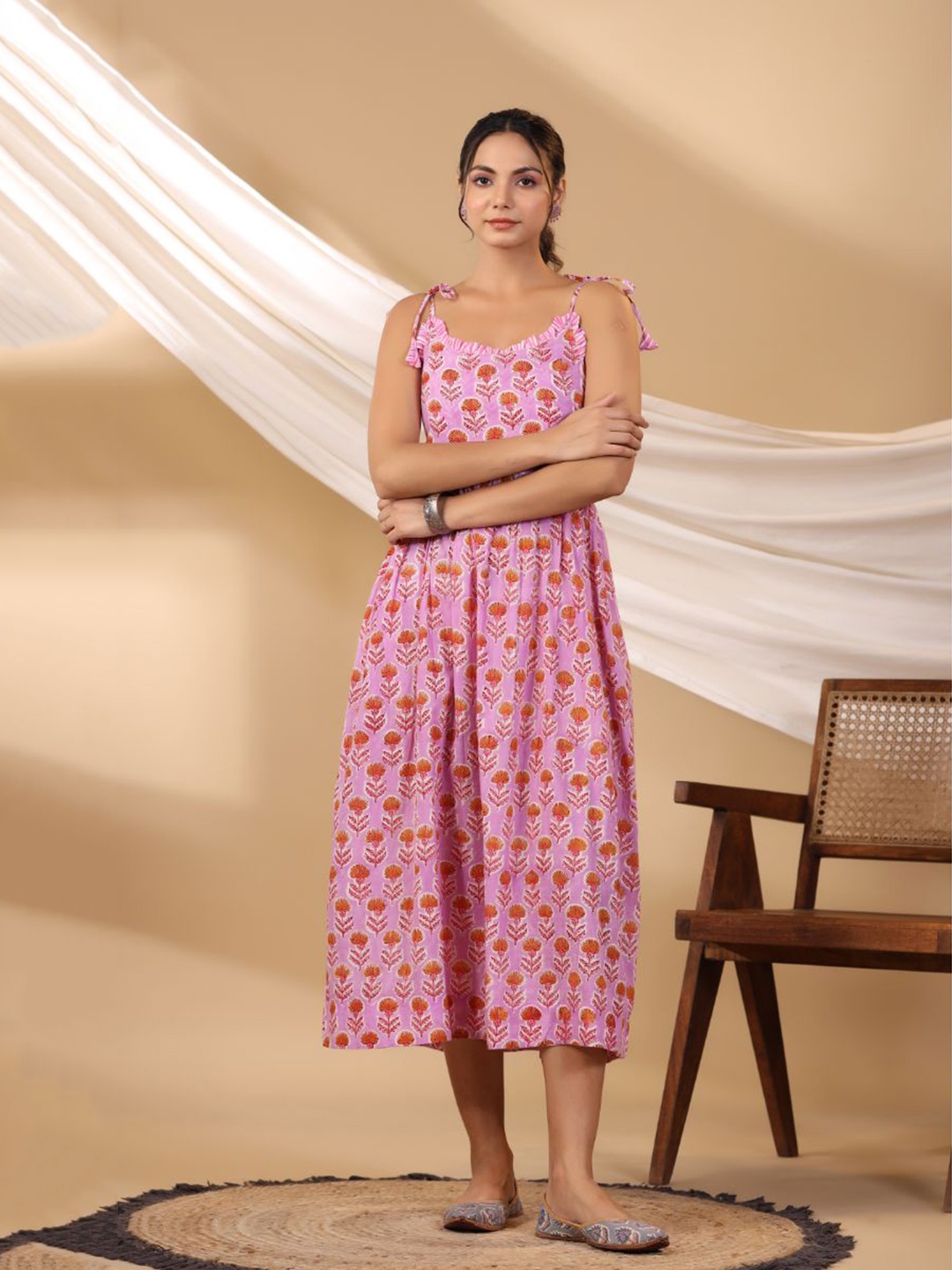 

Shuddhi Floral Printed Midi-Length A-Line Cotton Ethnic Dress, Pink