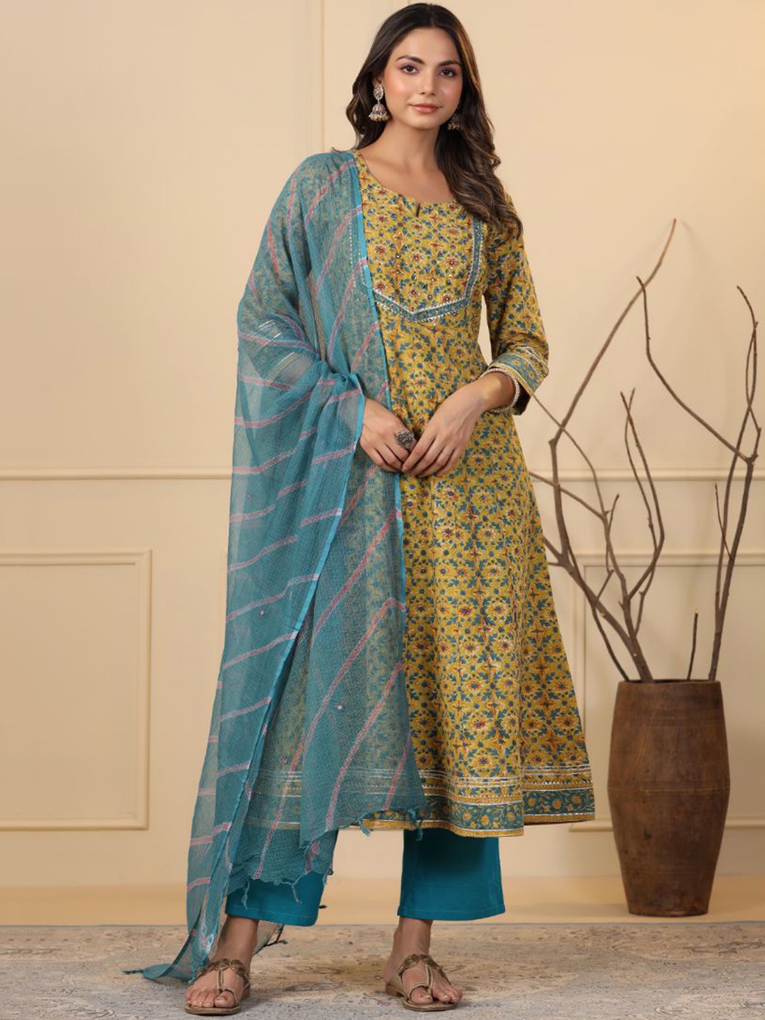 

Shuddhi Floral Printed Pure Cotton A-Line Kurta with Trousers & Dupatta, Yellow