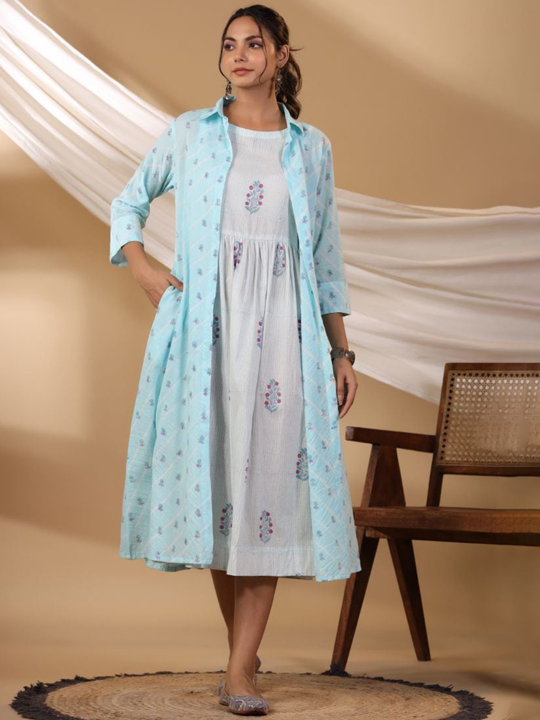 

Shuddhi Ethnic Motifs Printed A Line Maxi Cotton Ethnic Dress with Jacket, Blue