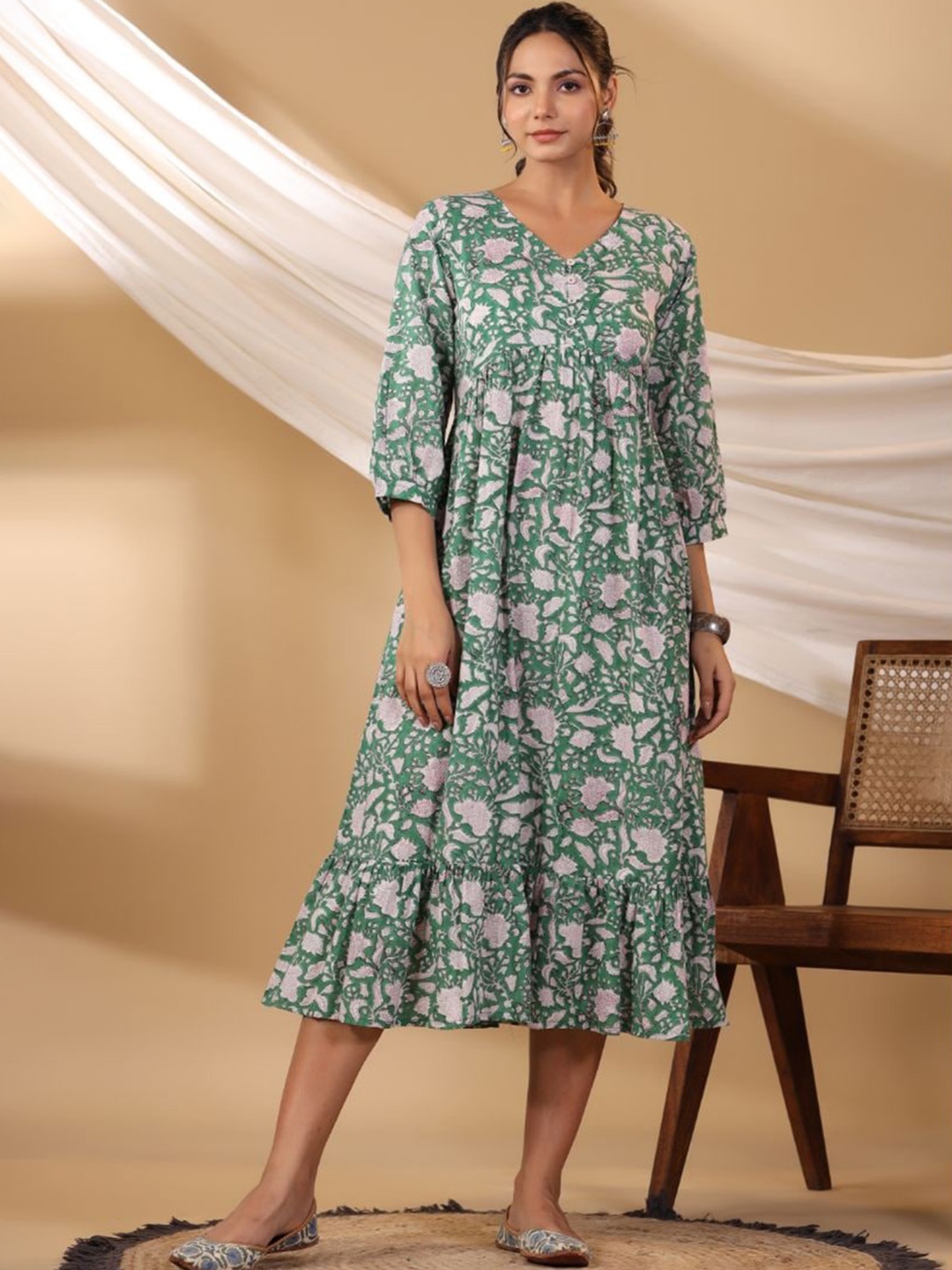 

Shuddhi Floral Printed Cotton Fit & Flare Tiered Ethnic Dress, Green