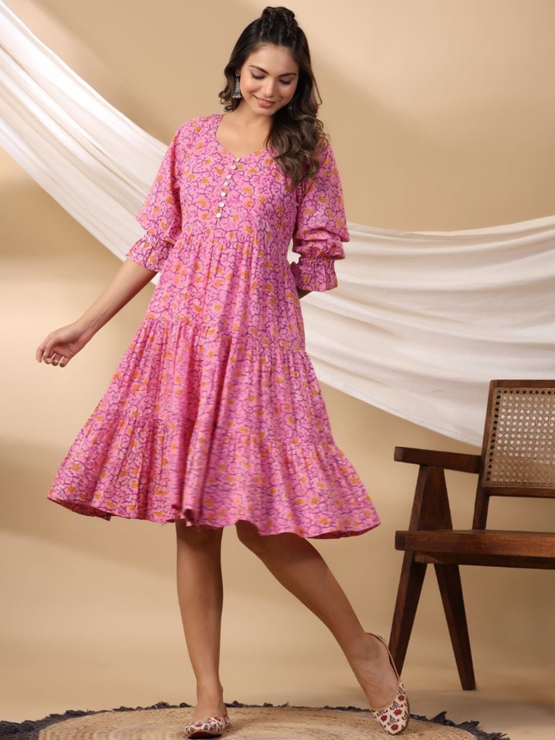 

Shuddhi Floral Printed Cotton Fit & Flare Tiered Ethnic Dress, Pink