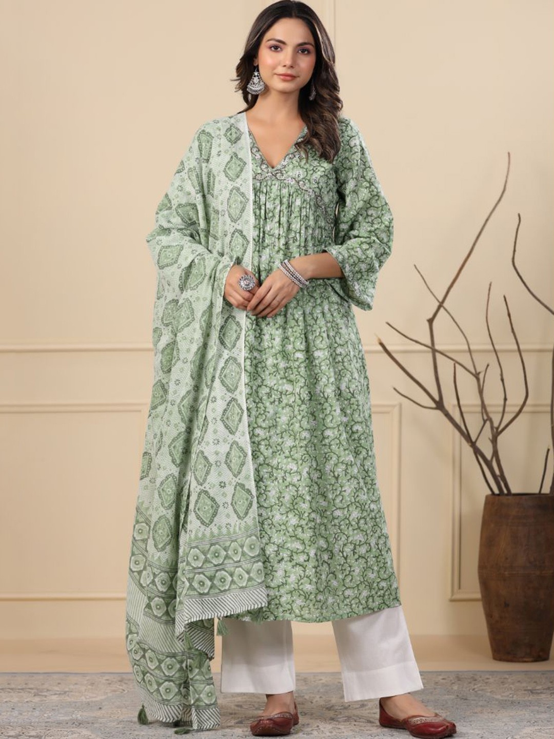 

Shuddhi Floral Printed Empire Pure Cotton A-Line Kurta with Trousers & Dupatta, Green