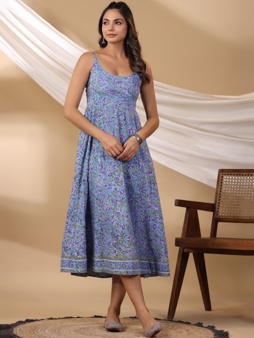 

Shuddhi Floral Printed Fit & Flare Pure Cotton Ethnic Dress, Blue