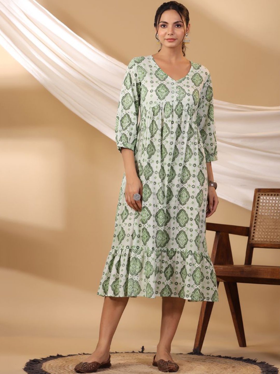 

Shuddhi Printed A-Line Cotton Tiered Ethnic Dress, Green