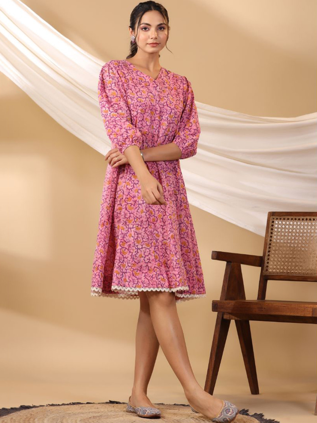 

Shuddhi Ethnic Motifs Printed Knee Length Cotton A-Line Ethnic Dress, Pink