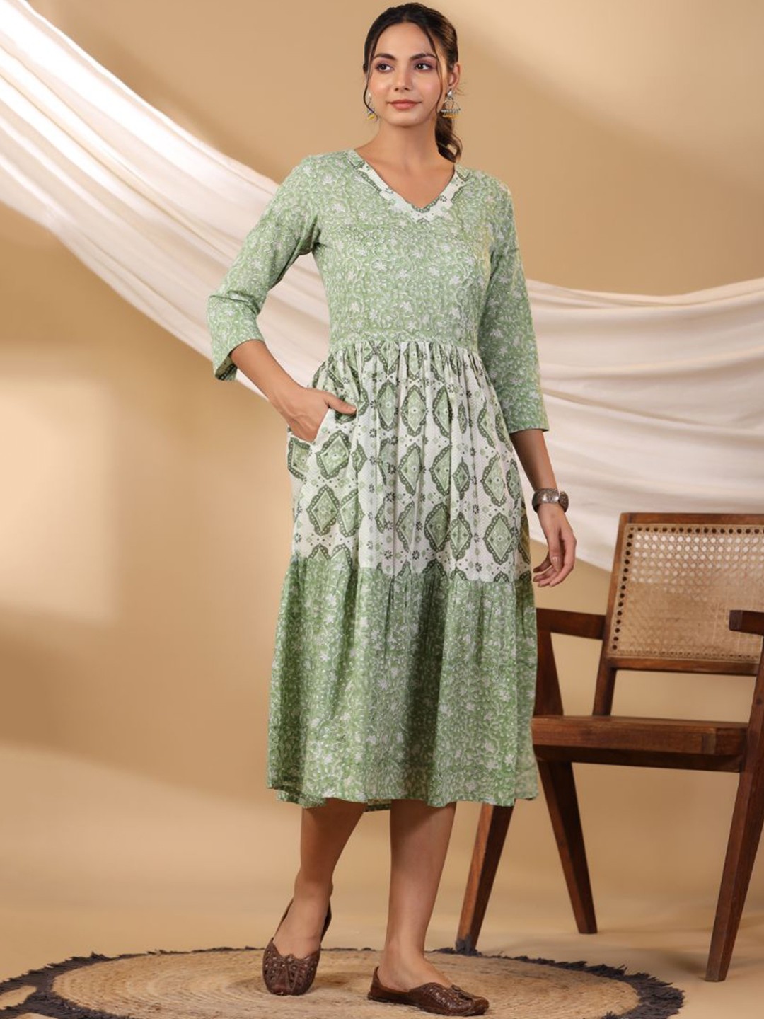 

Shuddhi Printed Cotton Tiered Ethnic Dresses, Green