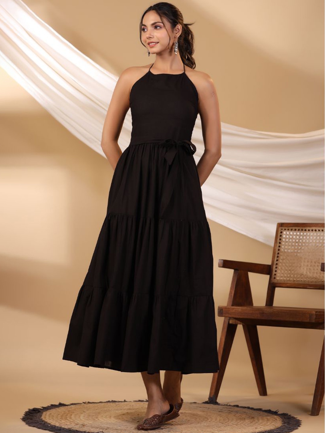 

Shuddhi Cotton Halter Neck Fit & Flare Maxi Dress, Black