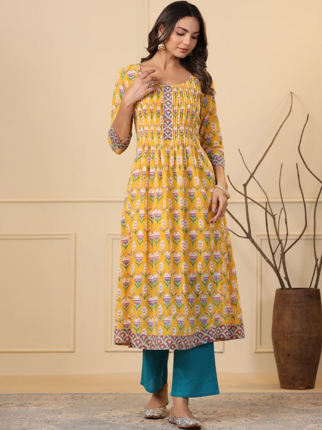 

Shuddhi Ethnic Motifs Printed A-Line Pleated Cotton Kurta, Yellow