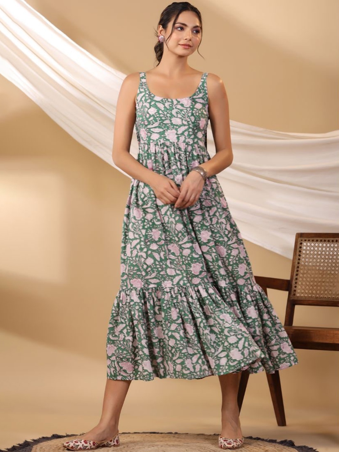 

Shuddhi Ethnic Motifs Print Tiered Midi Cotton Fit & Flare Ethnic Dress, Green