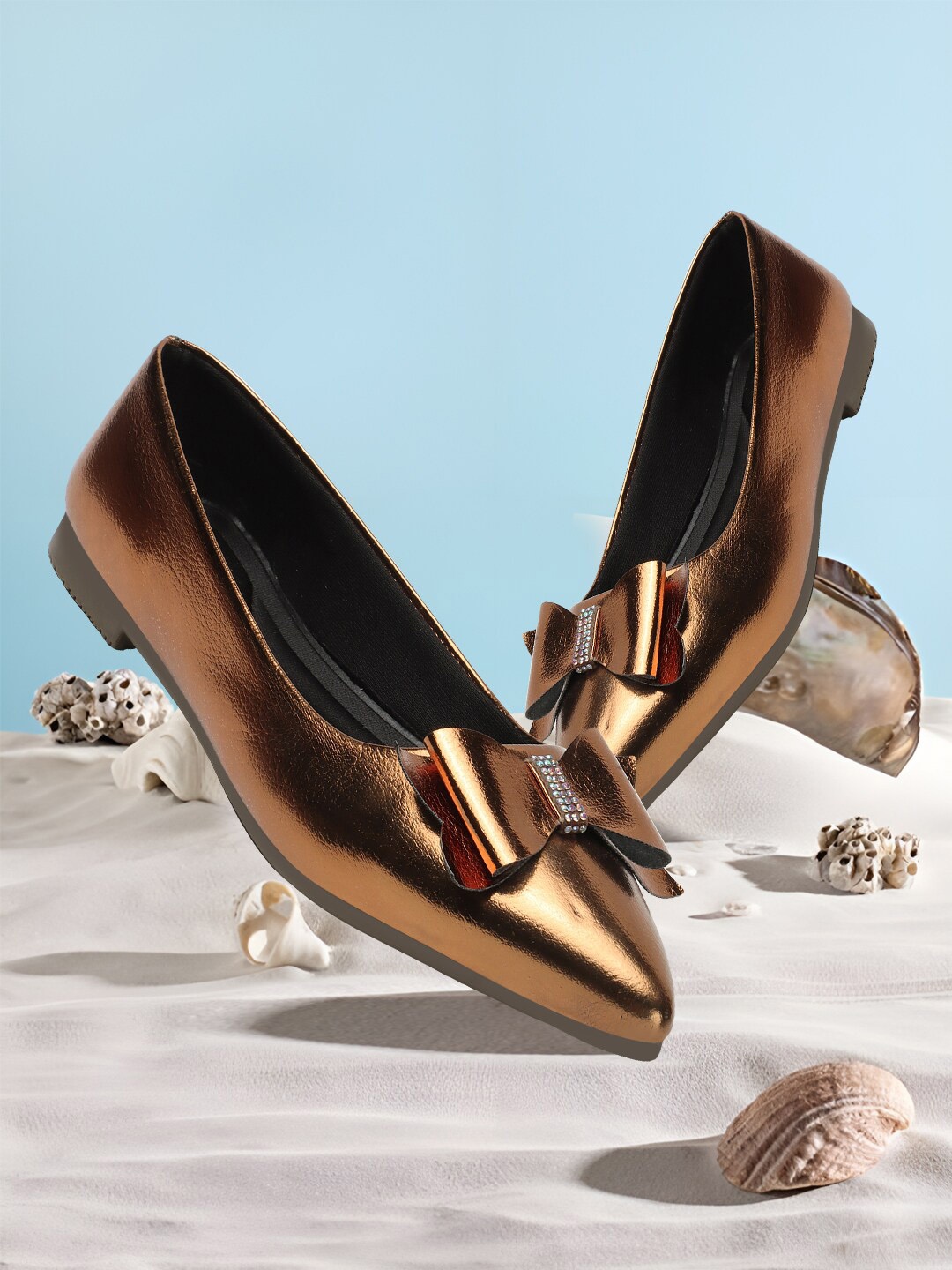 

OPHELIA Pointed Toe Ballerinas With Bows, Copper