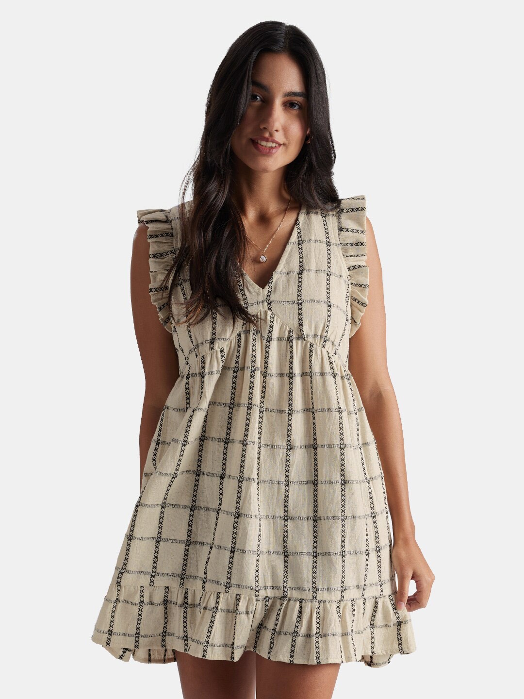 

The Souled Store Checked Printed V-Neck Flutter Sleeve Dress, Beige