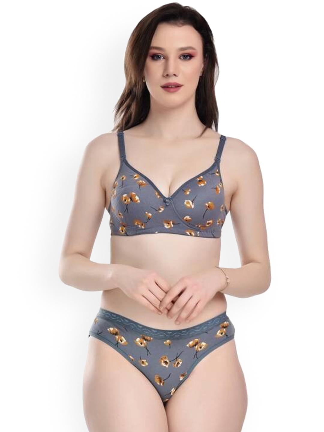 

AROUSY Women Printed Cotton Lingerie Set AD_Kali Set_Blue_30, Grey
