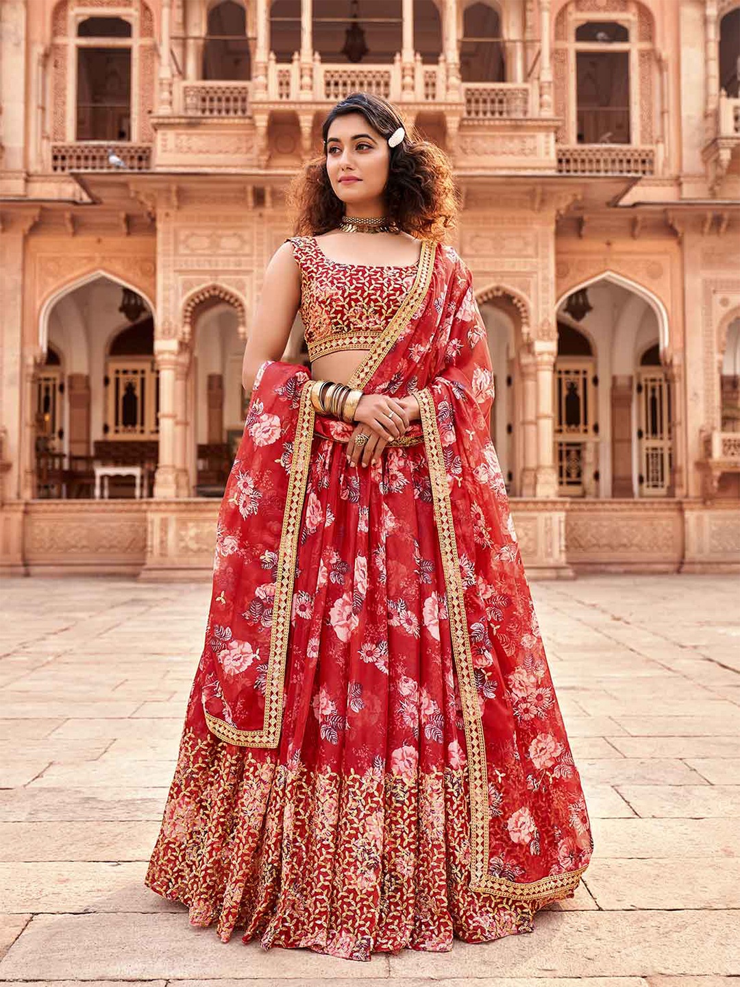 

SHOPGARB Embroidered Semi-Stitched Lehenga & Unstitched Blouse With Dupatta, Red