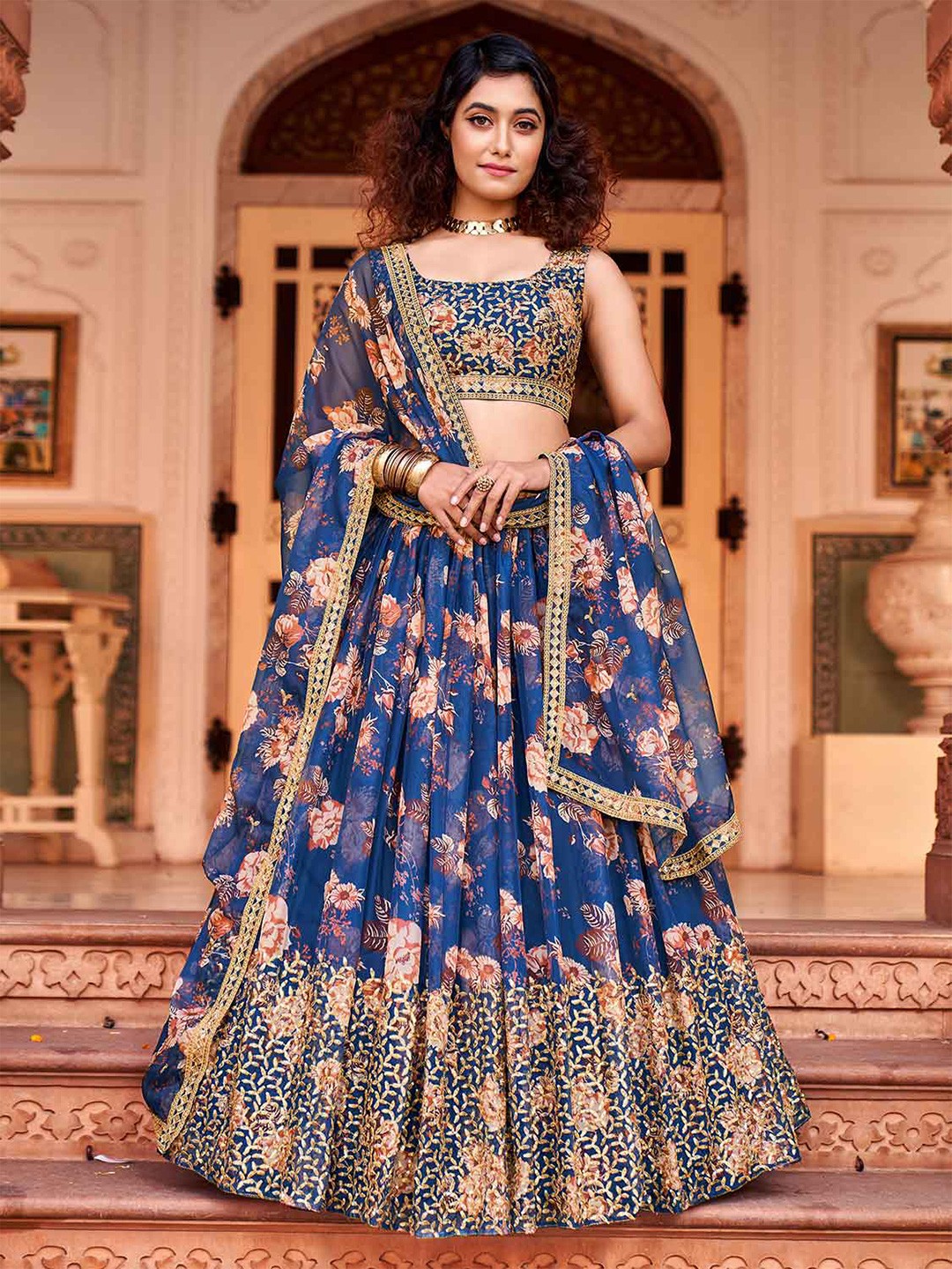 

SHOPGARB Embroidered Shibori Semi-Stitched Lehenga & Unstitched Blouse With Dupatta, Blue
