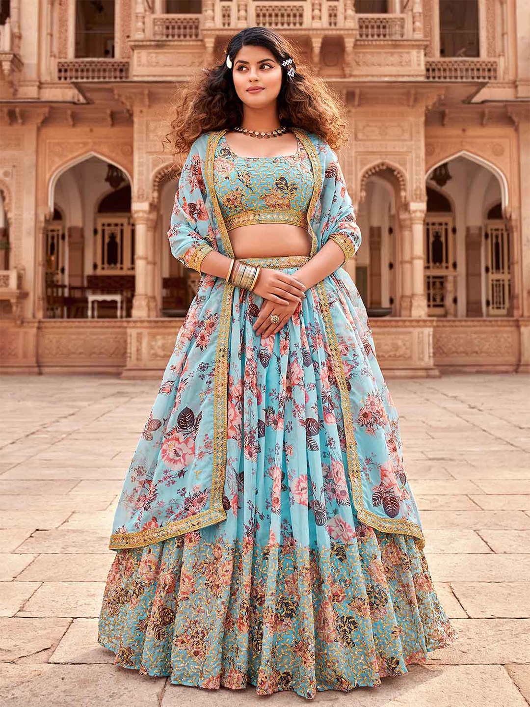 

SHOPGARB Embroidered Semi-Stitched Lehenga & Unstitched Blouse With, Sea green