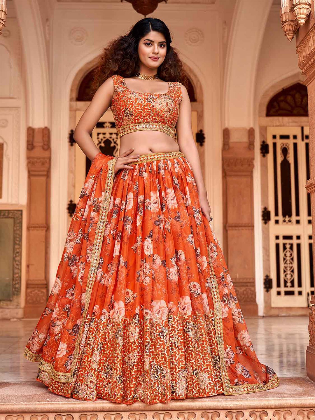 

SHOPGARB Embroidered Semi-Stitched Lehenga & Unstitched Blouse With, Orange