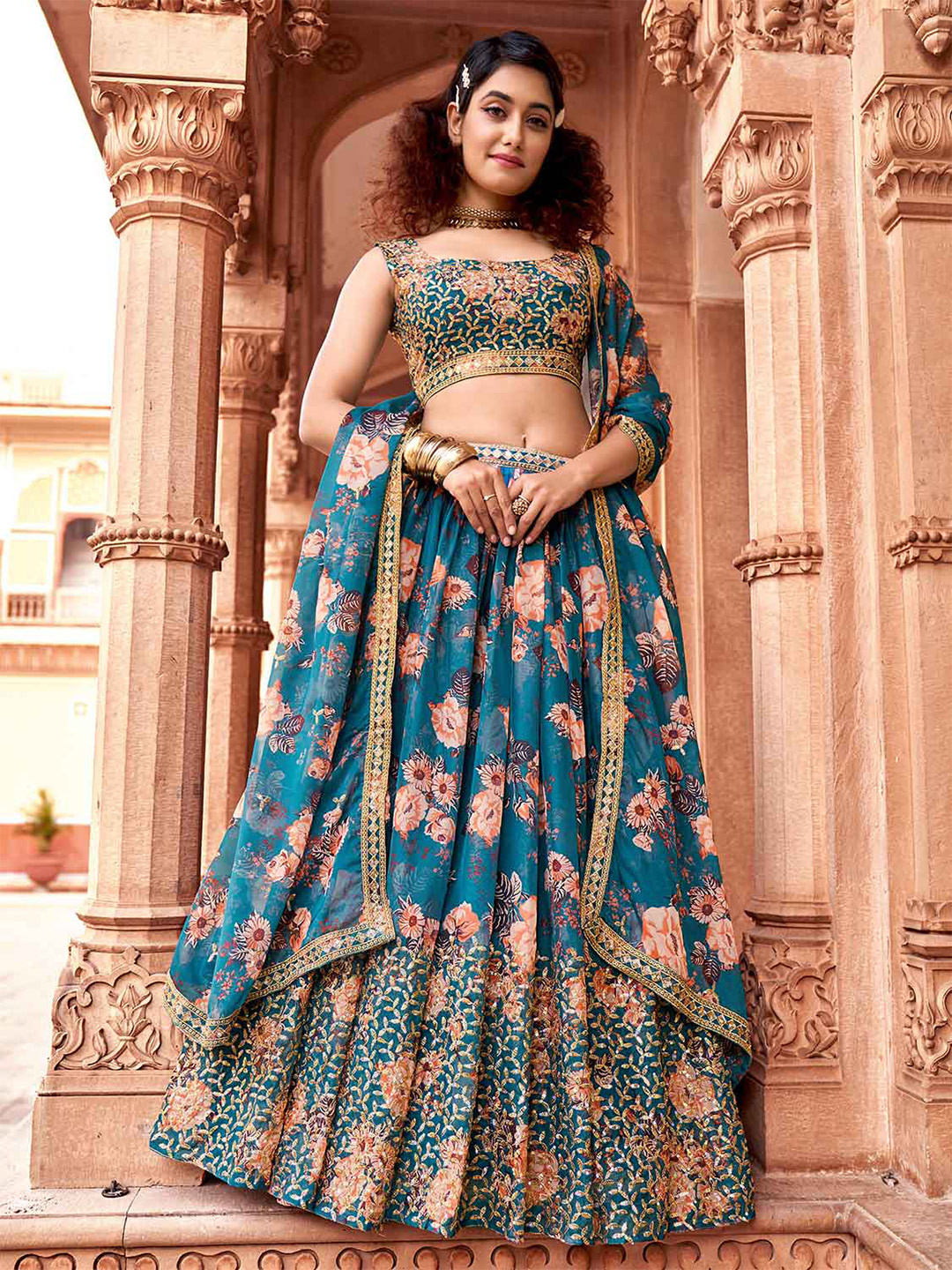 

SHOPGARB Embroidered Shibori Semi-Stitched Lehenga & Unstitched Blouse With Dupatta, Teal