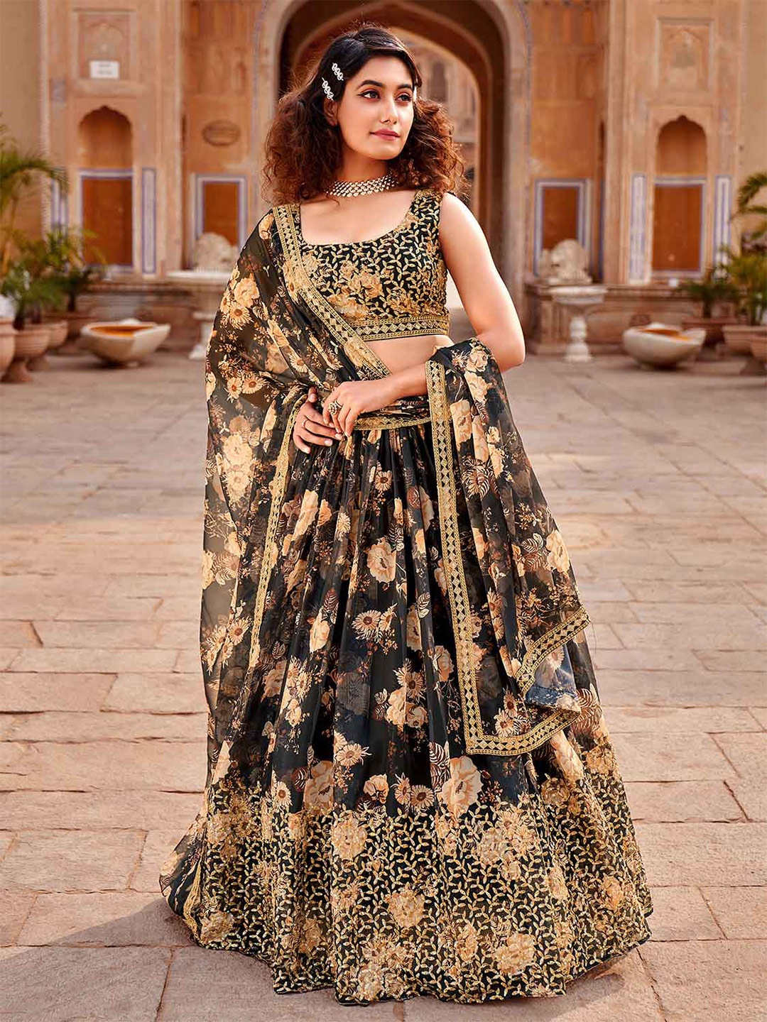 

SHOPGARB Printed Sequinned Shibori Semi-Stitched Lehenga & Unstitched Blouse With Dupatta, Black