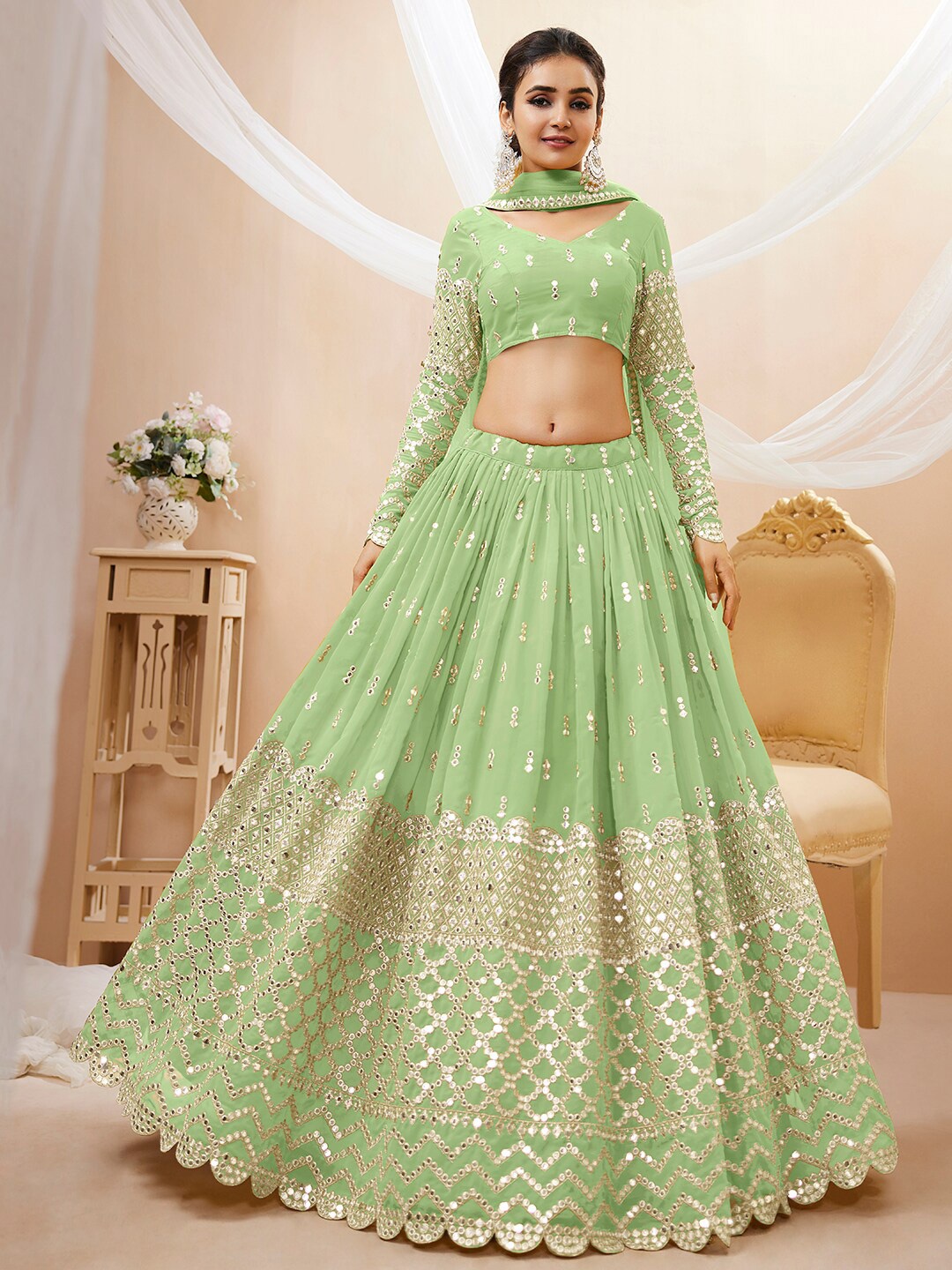 

FABPIXEL Embroidered Mirror Work Semi-Stitched Lehenga Choli With Dupatta, Sea green