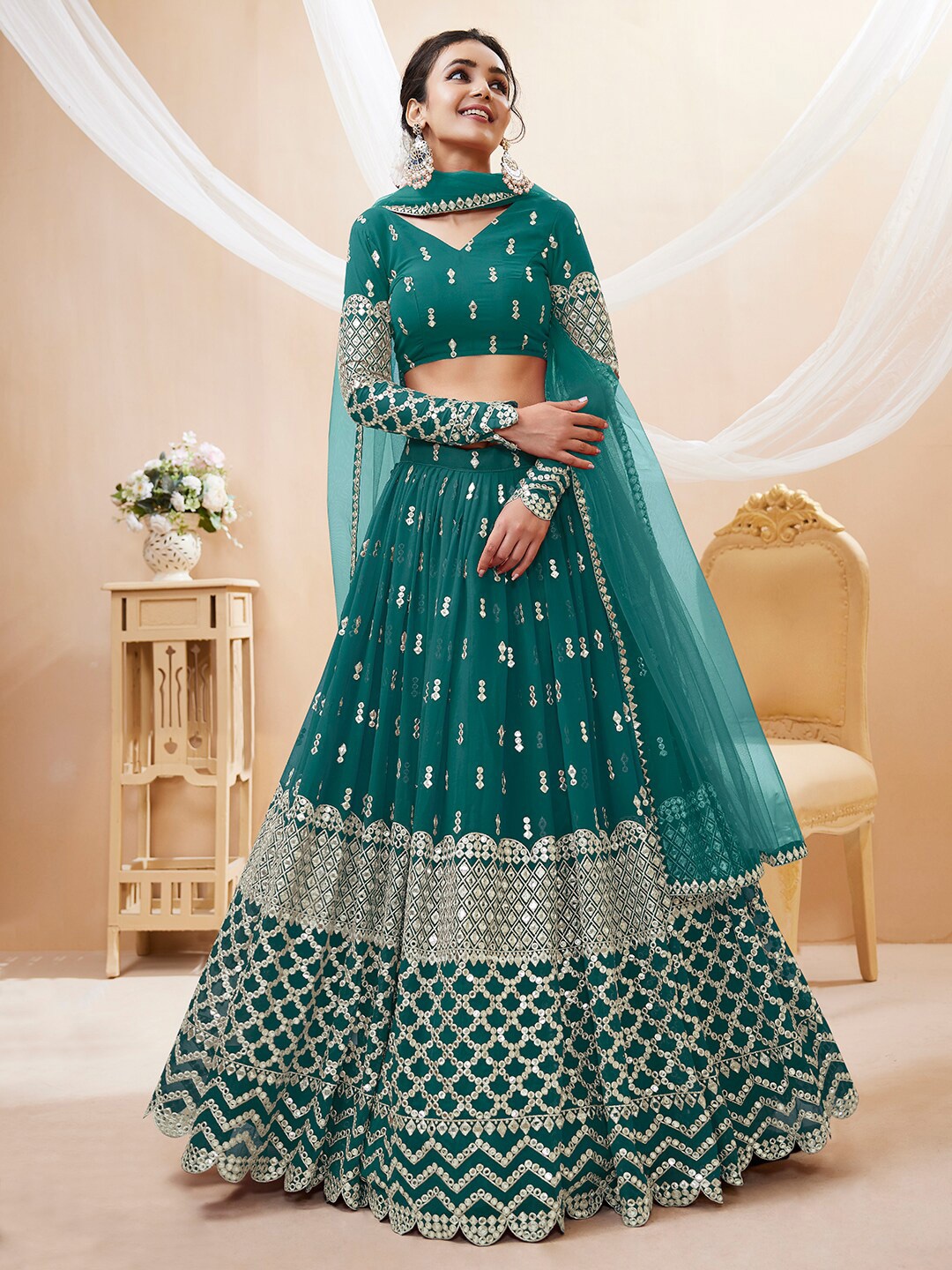 

FABPIXEL Embroidered Sequinned Semi-Stitched Lehenga & Unstitched Blouse With Dupatta, Teal