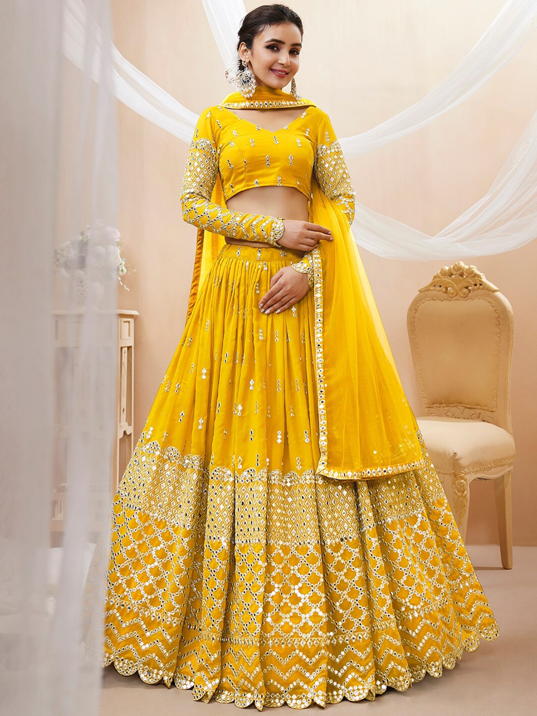 

FABPIXEL Embroidered Mirror Work Semi-Stitched Lehenga Choli With Dupatta, Yellow
