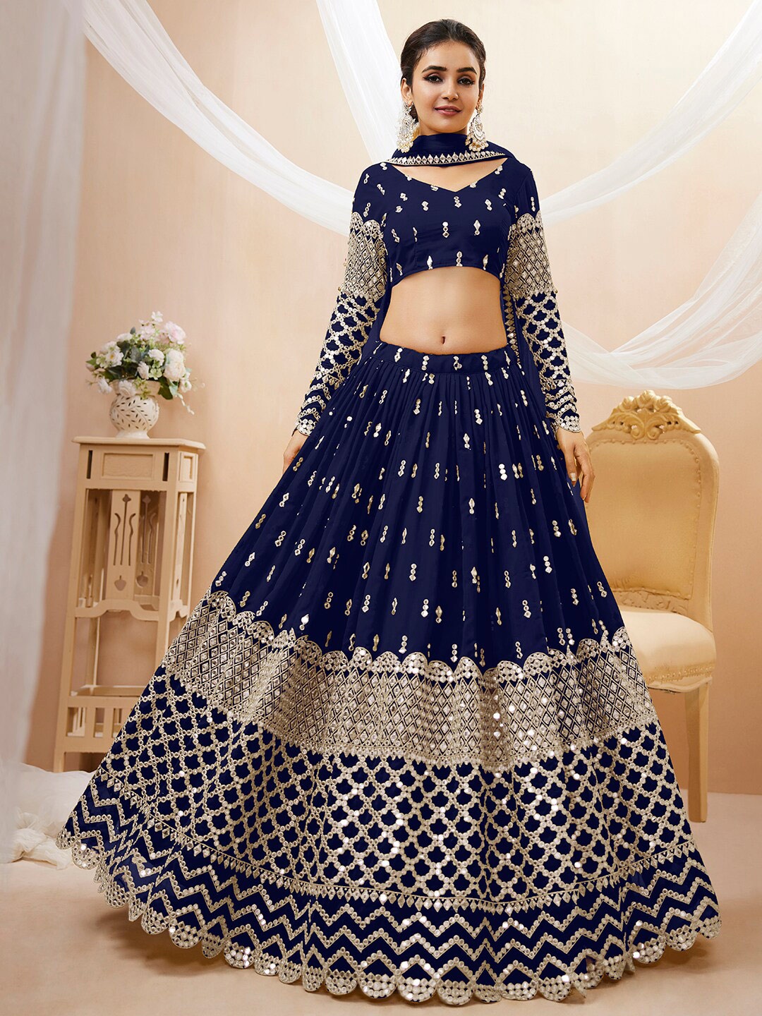 

FABPIXEL Embroidered Mirror Work Semi-Stitched Lehenga Choli With Dupatta, Navy blue
