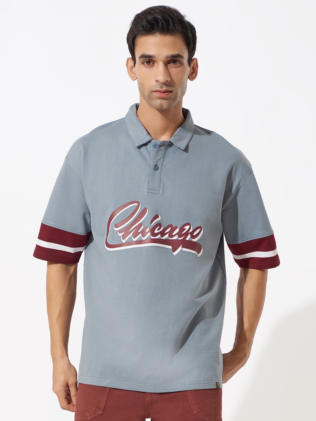 

Maniac Typography Printed Polo Collar Oversized Cotton T-shirt, Grey