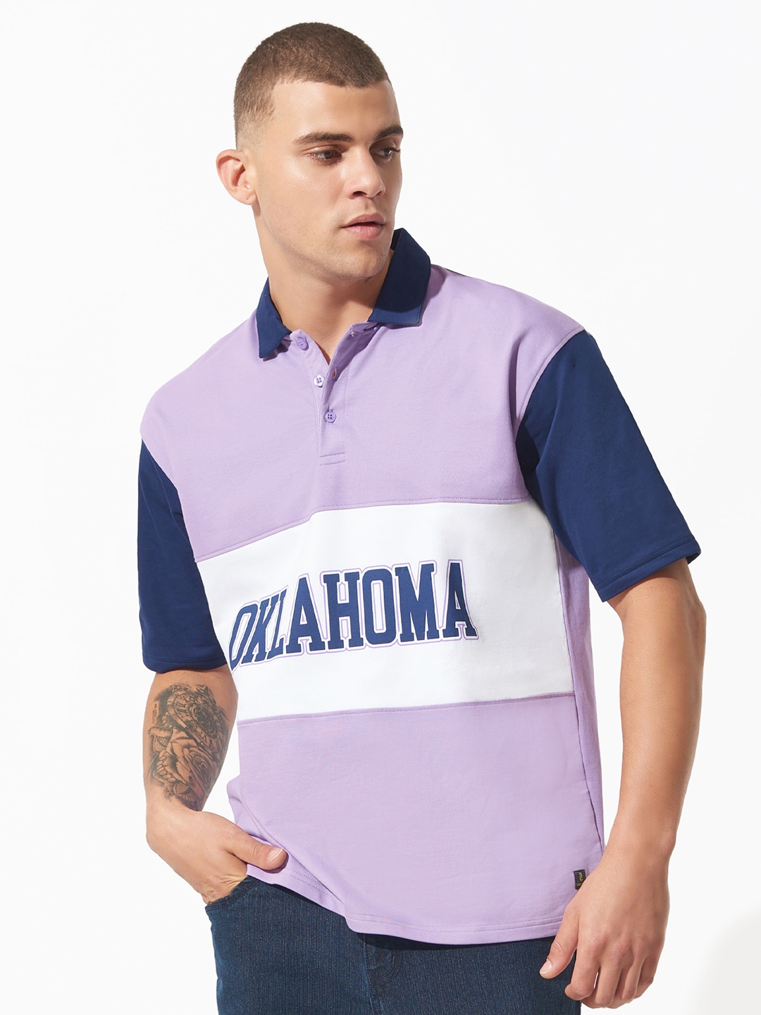 

Maniac Colourblocked Polo Collar T-shirt, Lavender