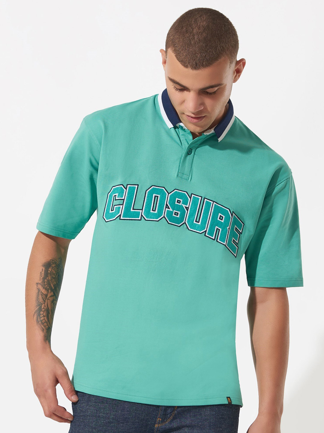 

Maniac Typography Printed Polo Collar Cotton Oversized T-shirt, Green