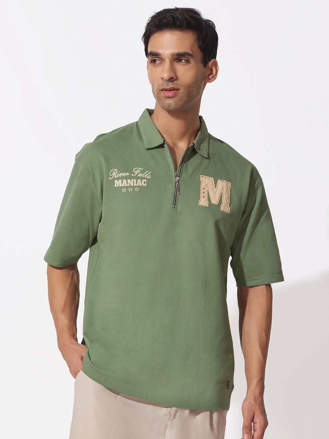 

Maniac Polo Collar Drop-Shoulder Cotton Oversized T-Shirt, Green