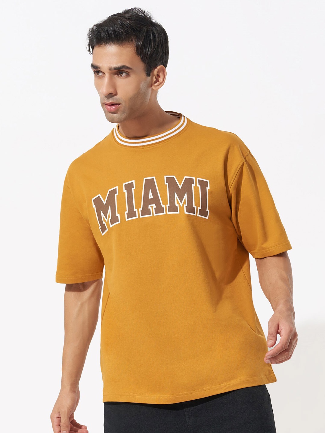 

Maniac Typography Printed Drop-Shoulder Cotton Oversized T-Shirt, Mustard