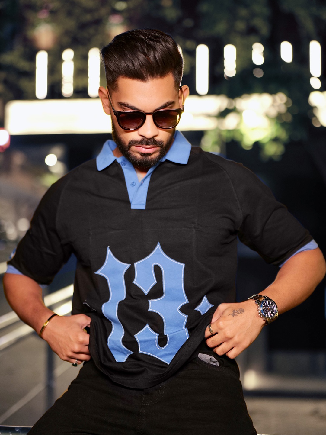 

Maniac Typography Printed Polo Collar Oversized Cotton T-shirt, Black