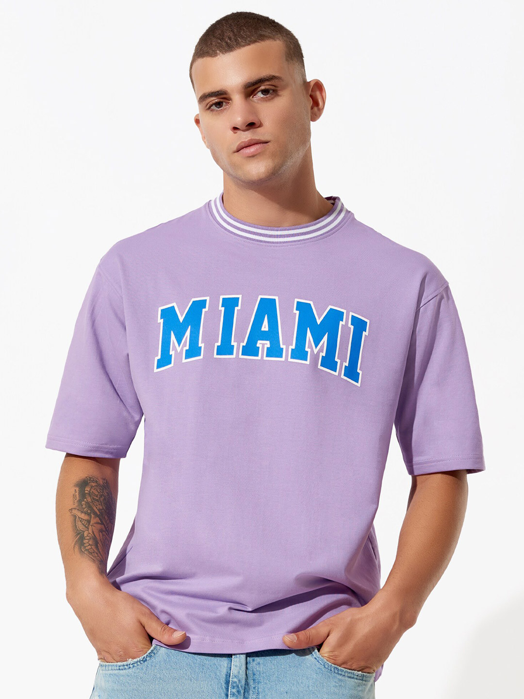 

Maniac Typography Printed Drop-Shoulder Cotton Oversized T-Shirt, Lavender
