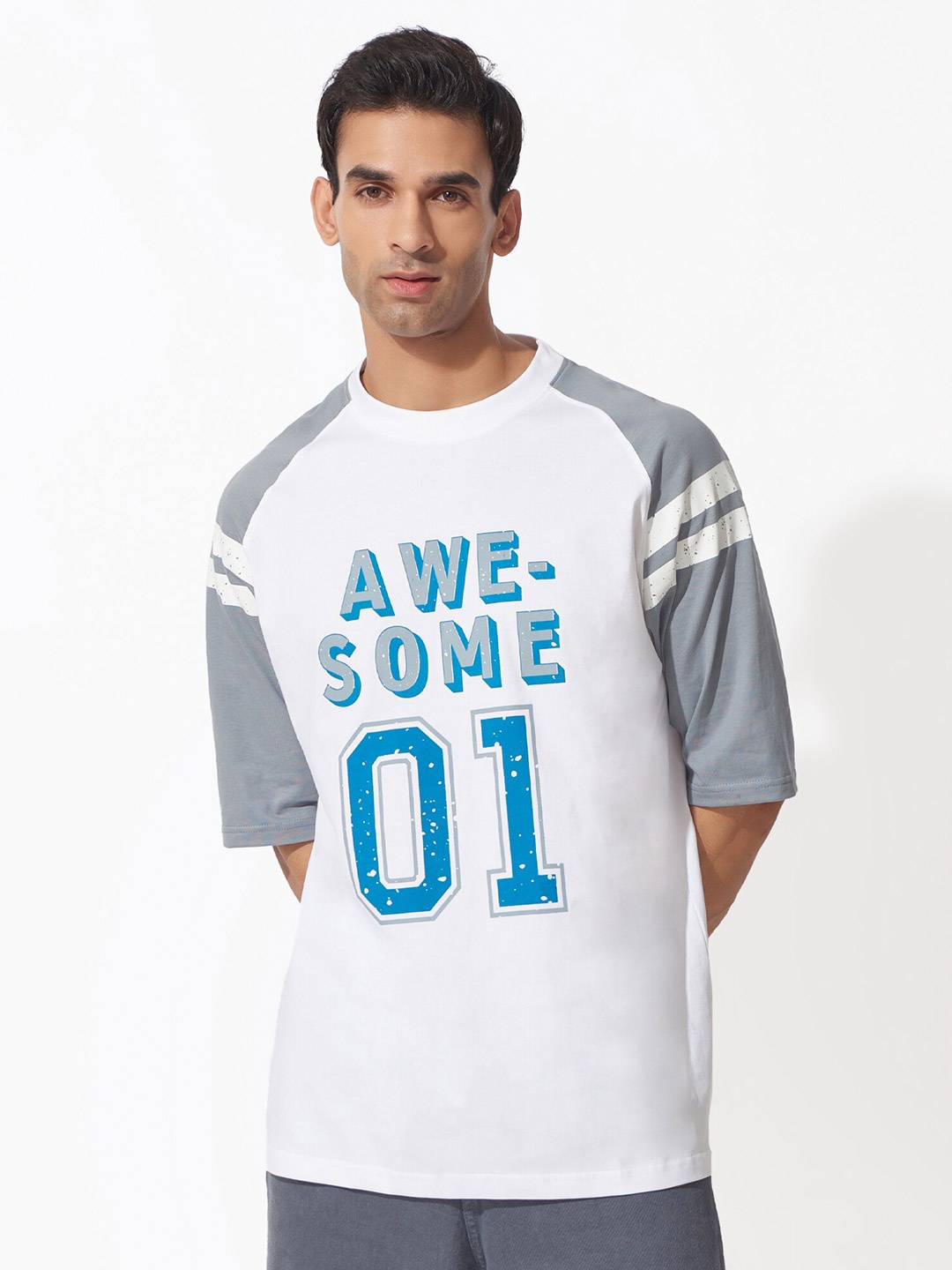 

Maniac Varsity Printed Raglan Sleeves Oversized Cotton T-shirt, White