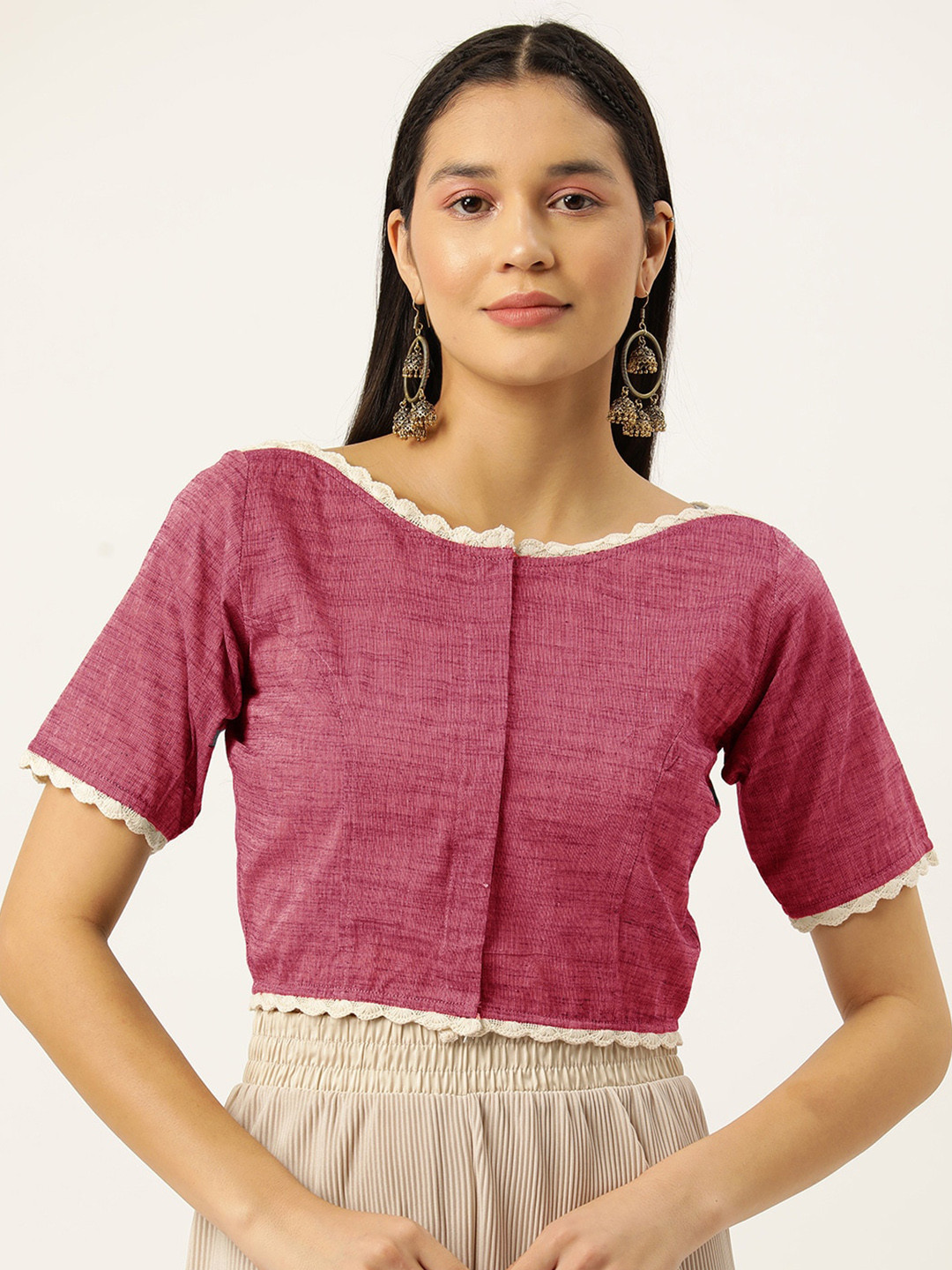 

Molcha Non Padded Lace Detail Cotton Saree Blouse, Pink