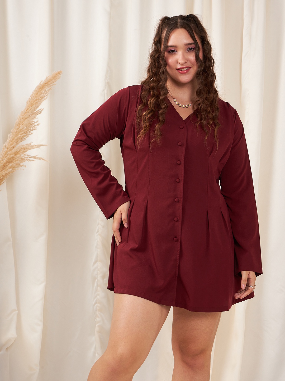 

Berrylush Curve Plus Size Solid Shirt Mini Dress, Maroon